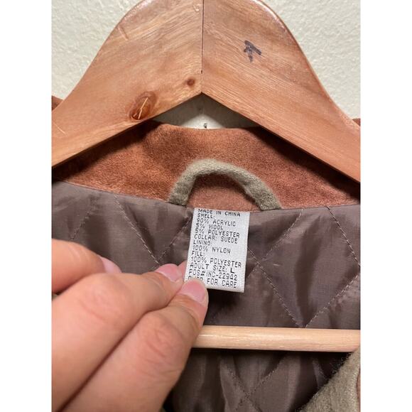 Vintage Men Shirt Jacket Large Brown Wool Blend Quilted Suede Collar Chore FLAW - Picture 3 of 11